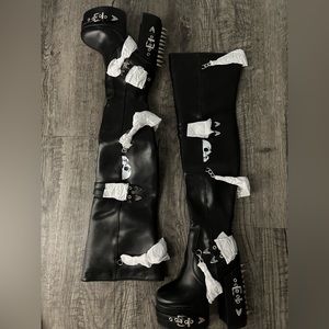 Thigh High Vegan Leather Heeled Boots with Embellishments